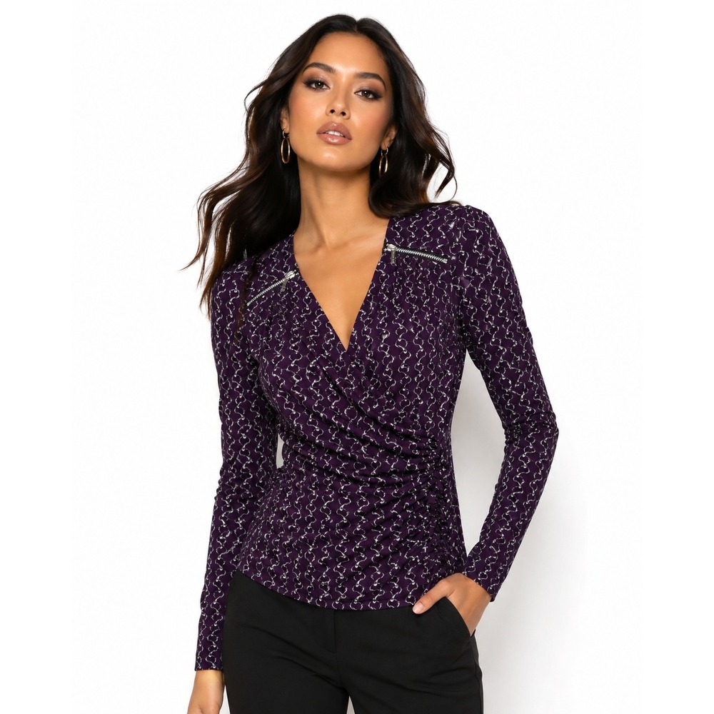 Michael Kors Purple Chain Print Ruched Surplice Top Zipper Detail‎ Petite Small